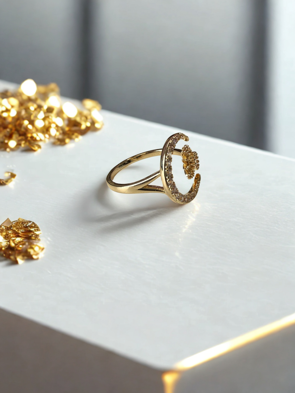 Moon & Star Adjustable Ring – 18K Gold Plated Open Ring with Zircon
