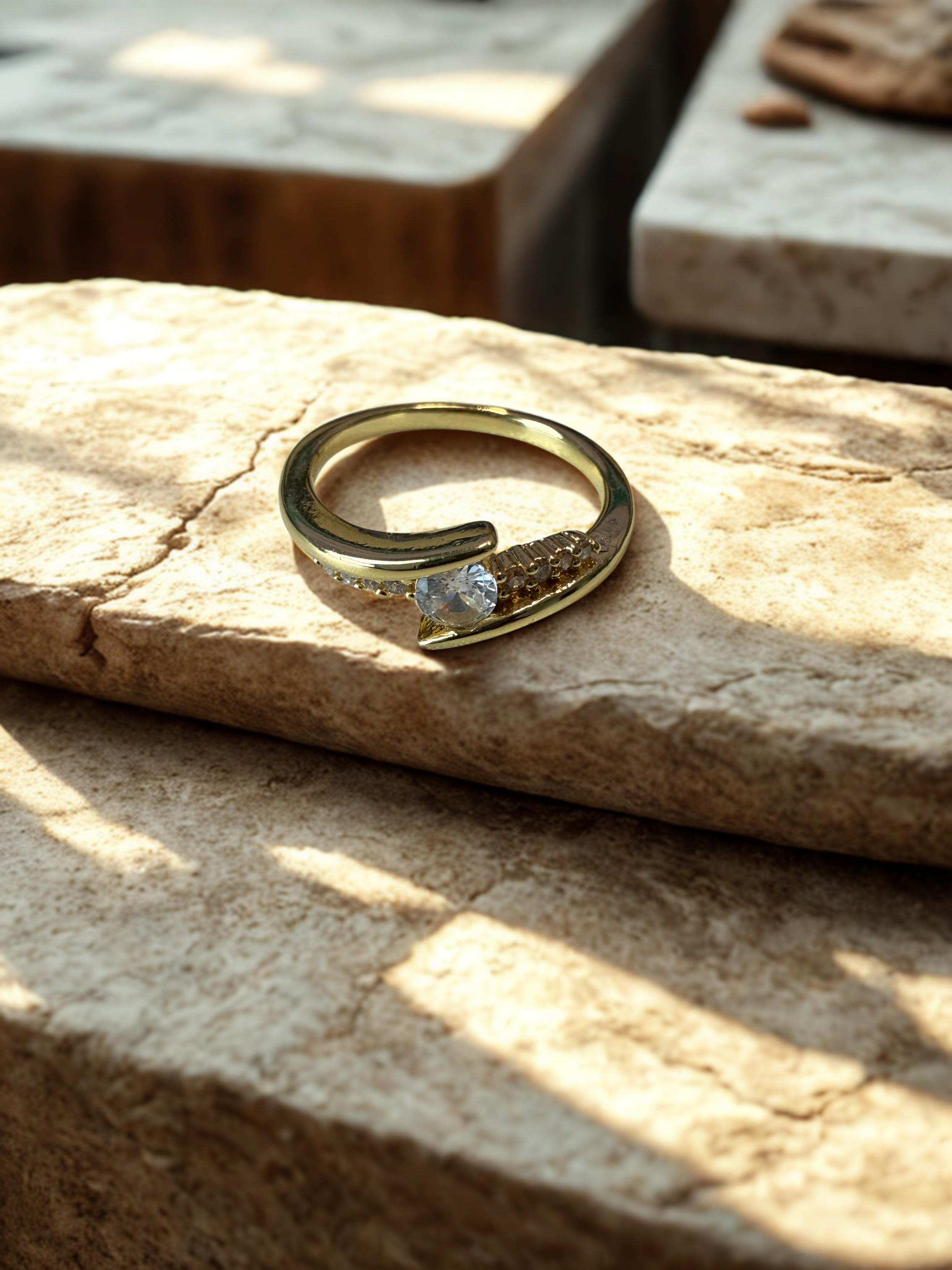 Bypass Solitaire Ring – 18K Gold Plated Round Cut Ring with Micro-Set CZ Pavé