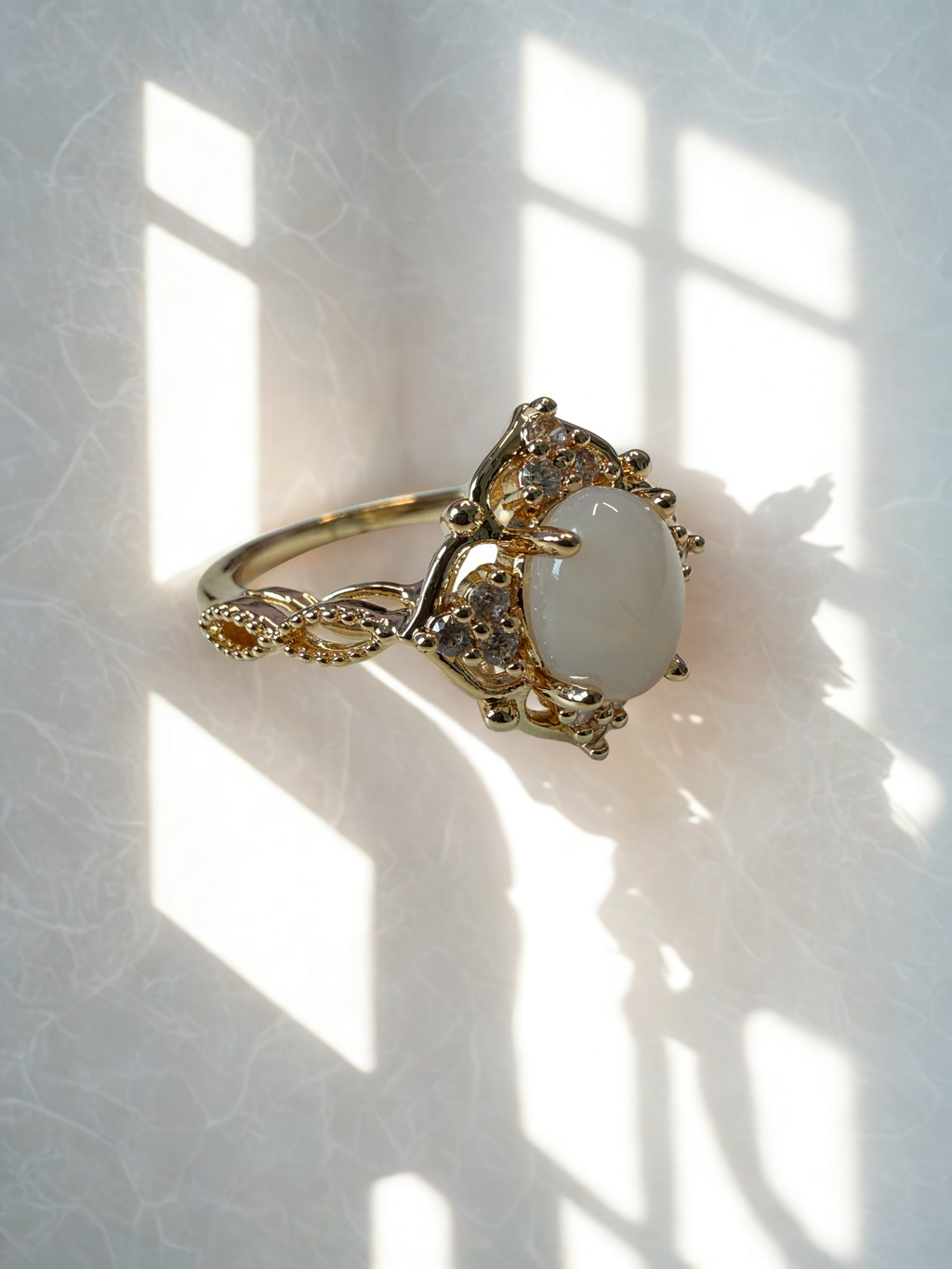 Vintage Moonstone Ring – Gold Plated Oval Halo Ring with Zircon Accents