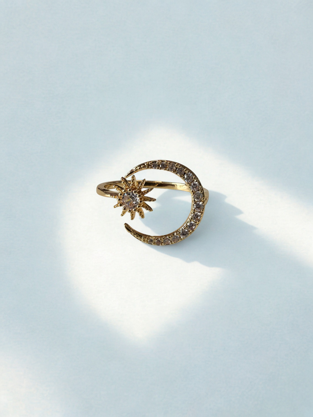 Moon & Star Adjustable Ring – 18K Gold Plated Open Ring with Zircon