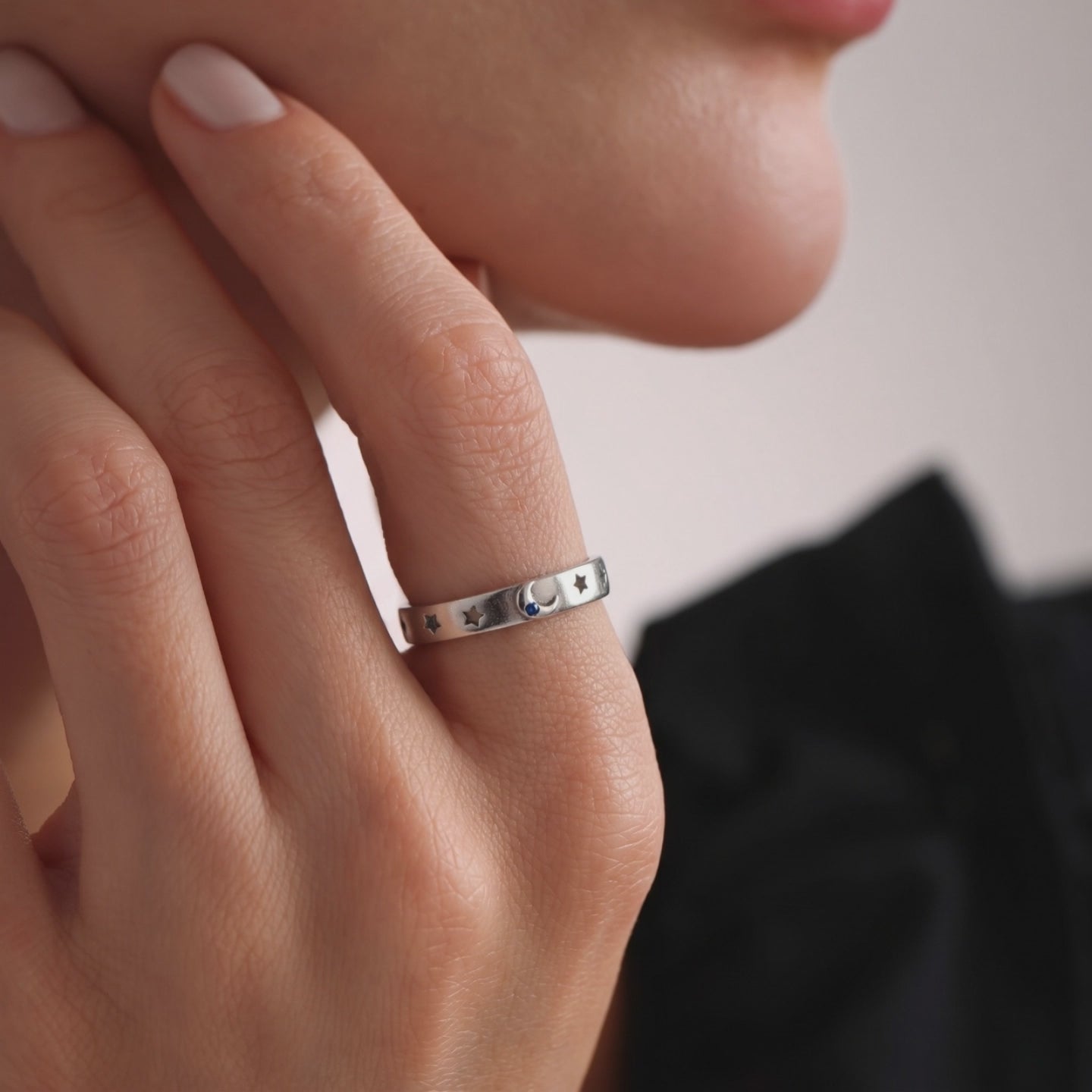 Star & Moon Ring - Sterling Silver Celestial Band with Sapphire Crescent Moon - s-925