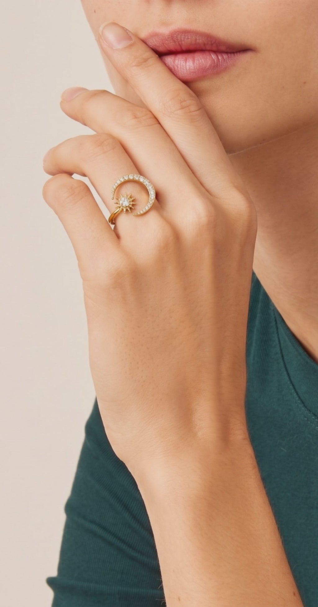 Moon & Star Adjustable Ring – 18K Gold Plated Open Ring with Zircon