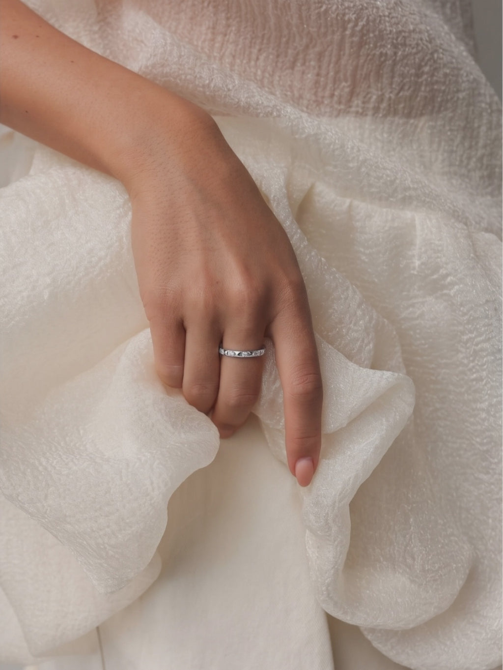Geometric Pyramid Eternity Band – 925 Sterling Silver Ring with White Zircon, Platinum Plated