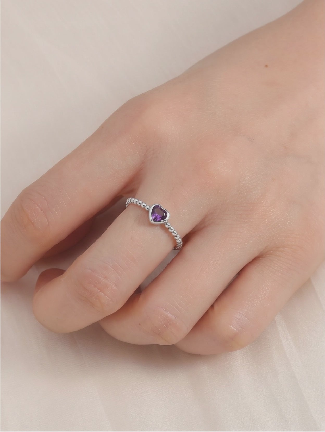 Beaded Heart Ring – 925 Sterling Silver Stacking Ring with Purple Heart Gemstone