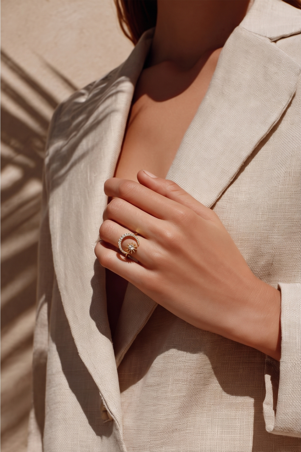 Moon & Star Adjustable Ring – 18K Gold Plated Open Ring with Zircon