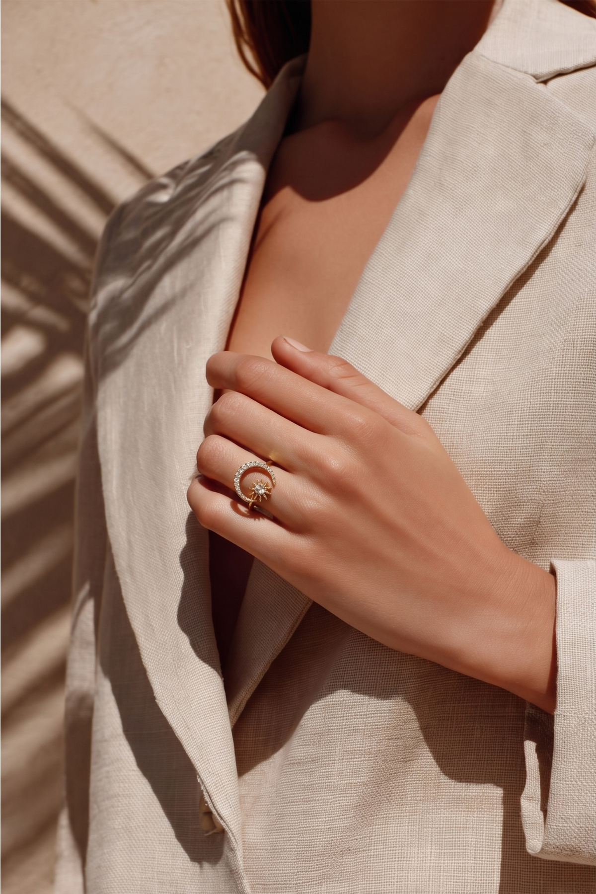 Moon & Star Adjustable Ring – 18K Gold Plated Open Ring with Zircon