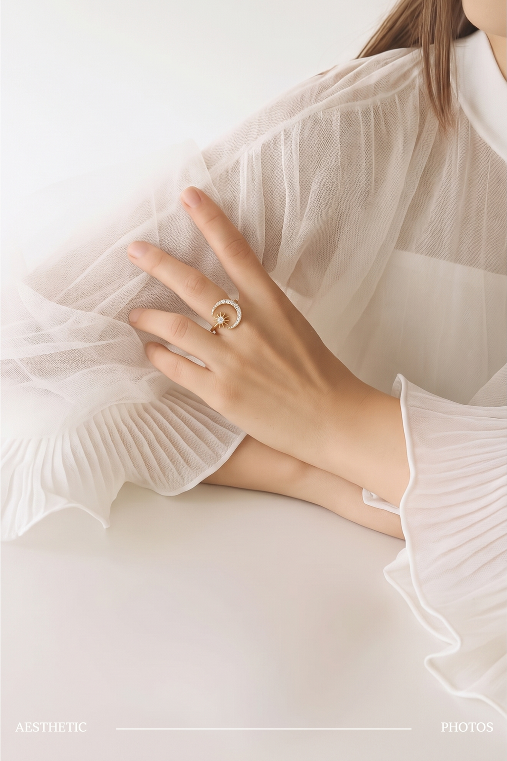 Moon & Star Adjustable Ring – 18K Gold Plated Open Ring with Zircon