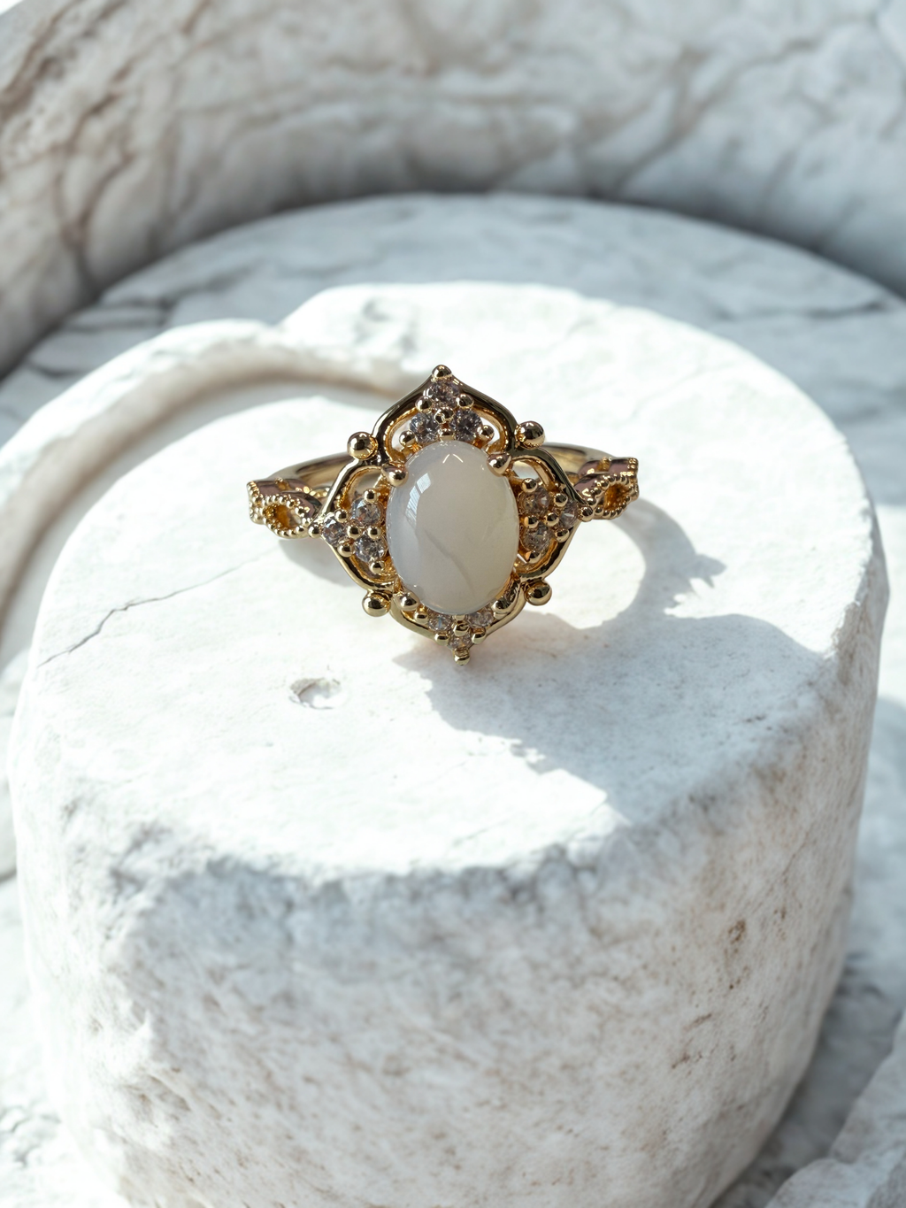 Vintage Moonstone Ring – Gold Plated Oval Halo Ring with Zircon Accents
