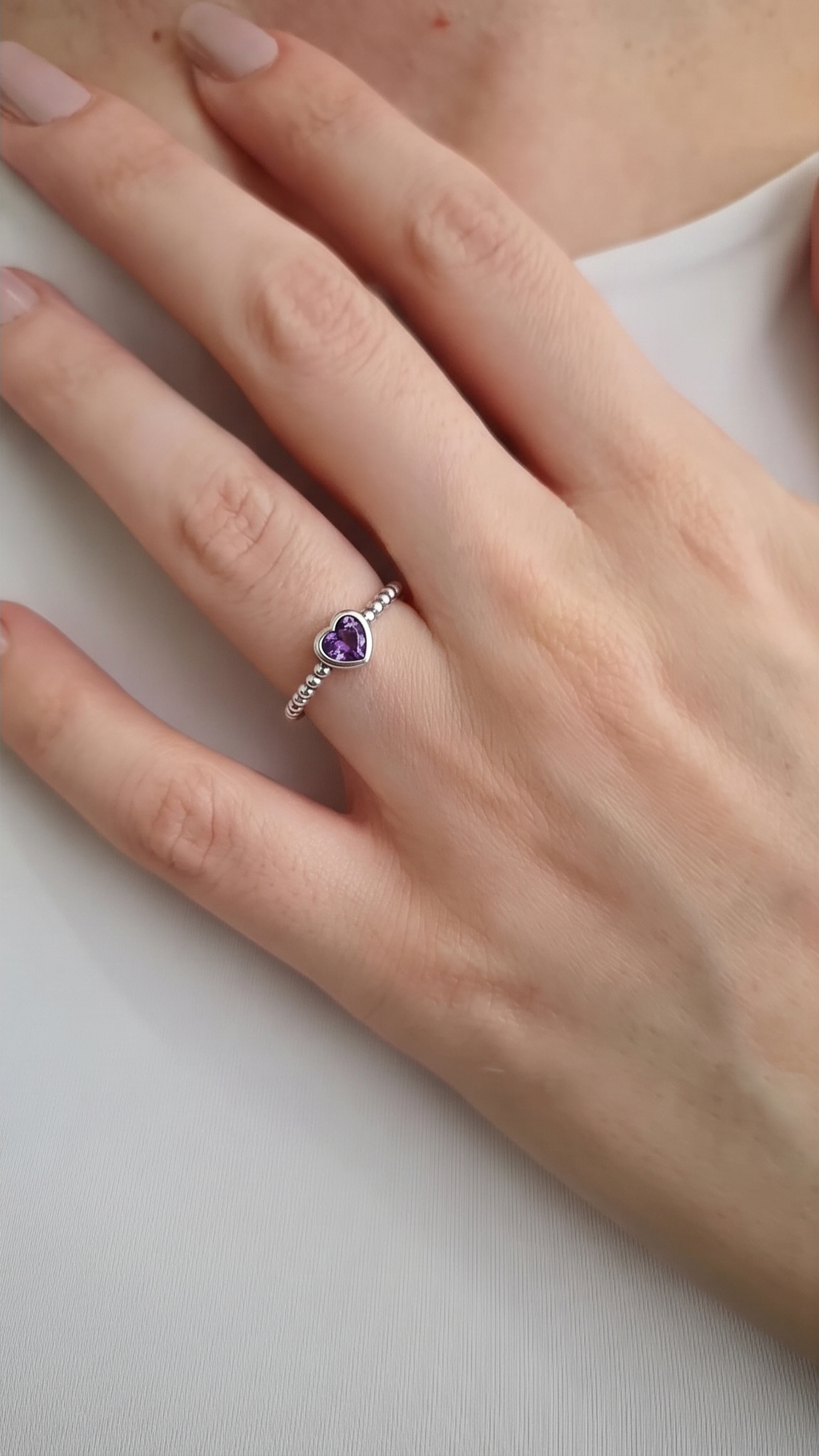 Beaded Heart Ring – 925 Sterling Silver Stacking Ring with Purple Heart Gemstone