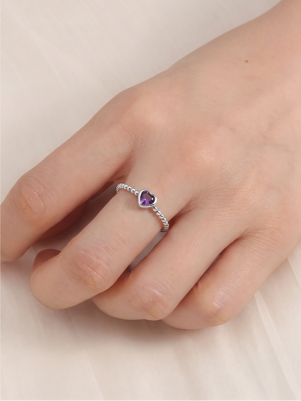 Beaded Heart Ring – 925 Sterling Silver Stacking Ring with Purple Heart Gemstone