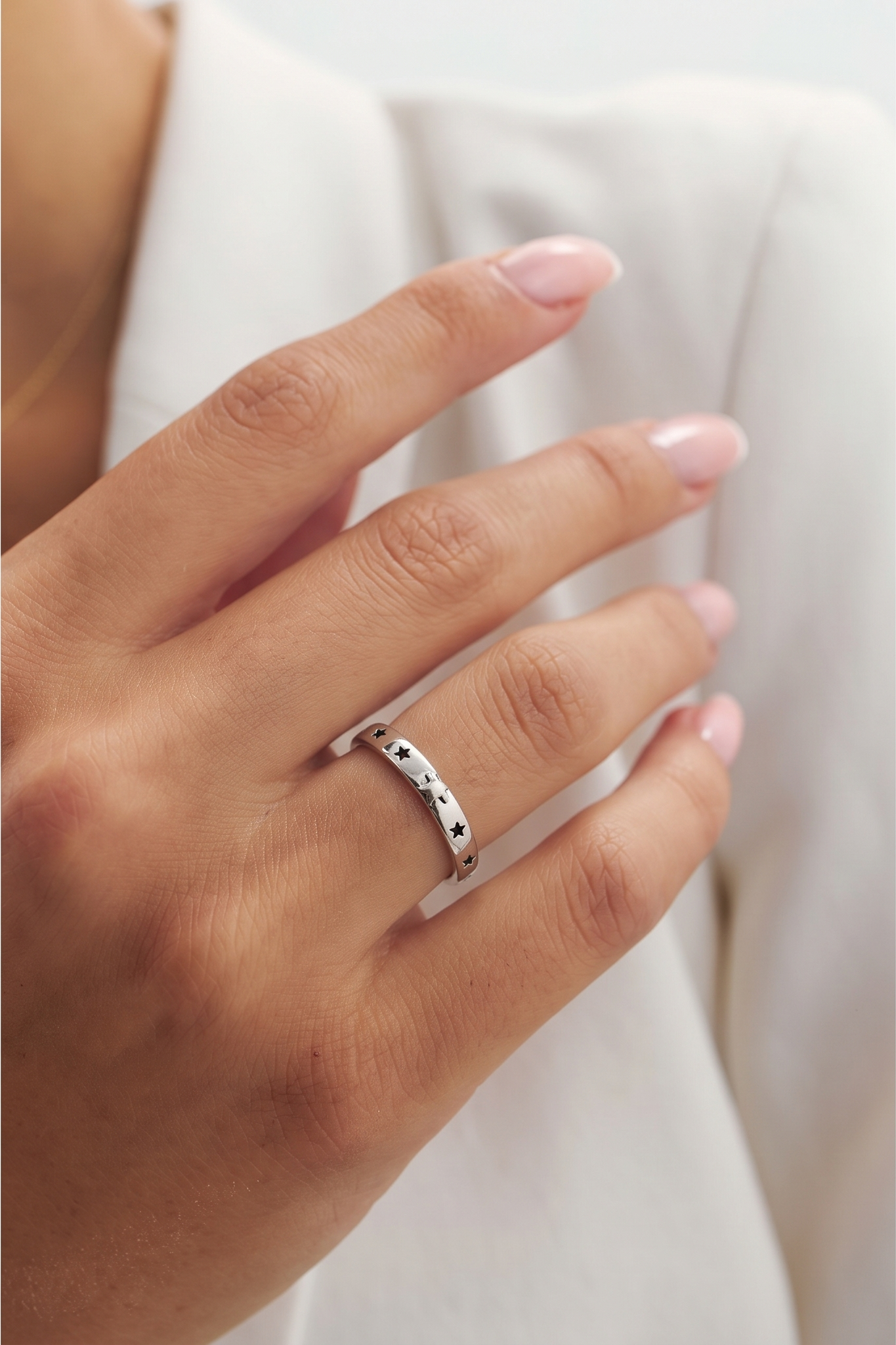 Star & Moon Ring - Sterling Silver Celestial Band with Sapphire Crescent Moon - s-925