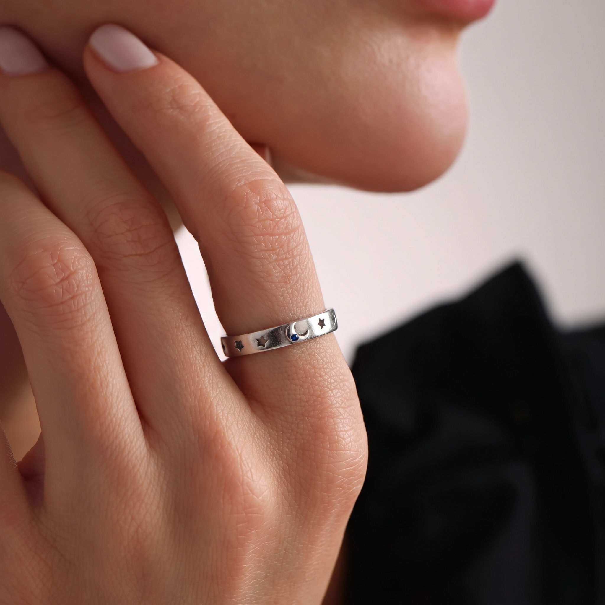 Star & Moon Ring - Sterling Silver Celestial Band with Sapphire Crescent Moon - s-925