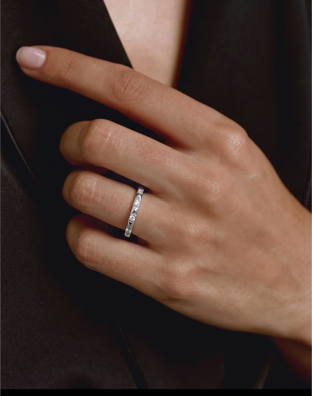 Geometric Pyramid Eternity Band – 925 Sterling Silver Ring with White Zircon, Platinum Plated