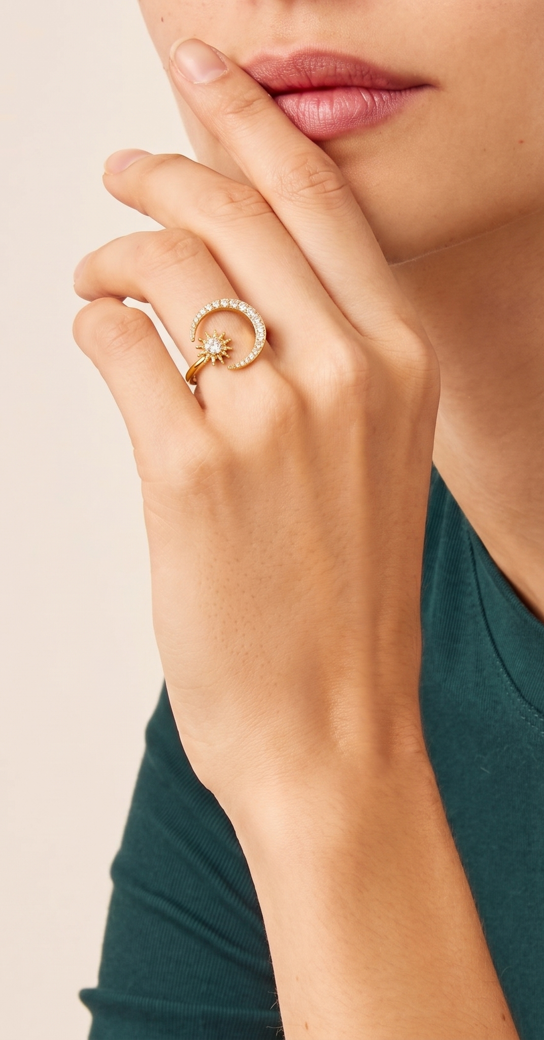 Moon & Star Adjustable Ring – 18K Gold Plated Open Ring with Zircon