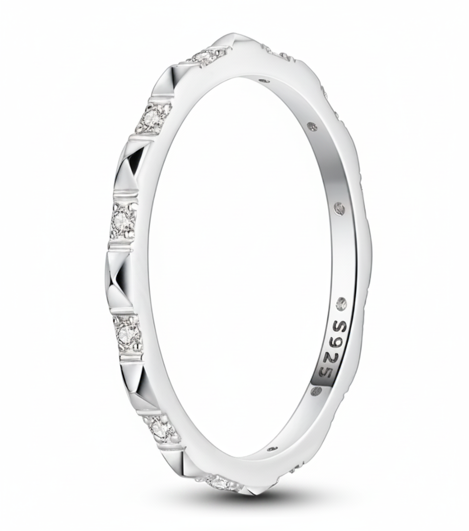 Geometric Pyramid Eternity Band – Sterling Silver Ring with White Zircon,