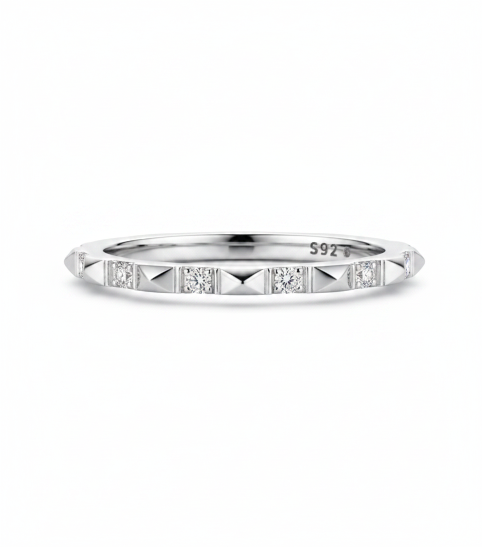 Geometric Pyramid Eternity Band – Sterling Silver Ring with White Zircon,
